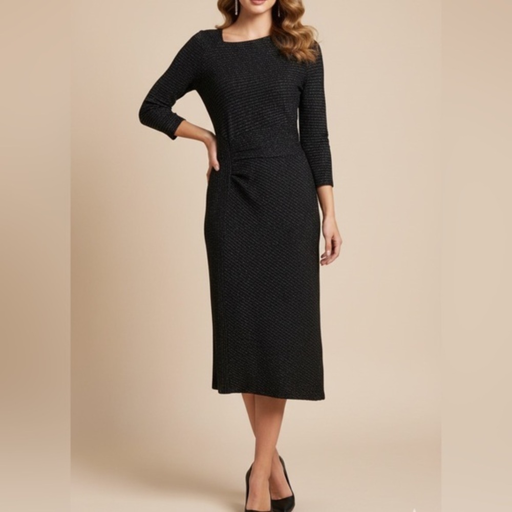 AKEMI + KIN Tegan Black Metallic Shimmer Asymmetrical Midi Dress